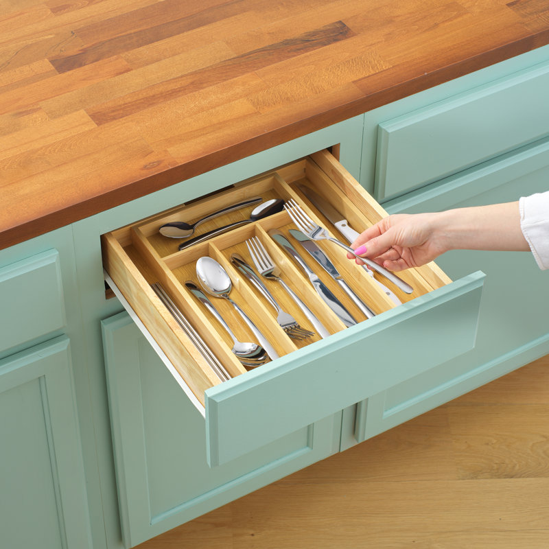 Natural Bamboo Adjustable Drawer Organizer for Kitchen Utensils