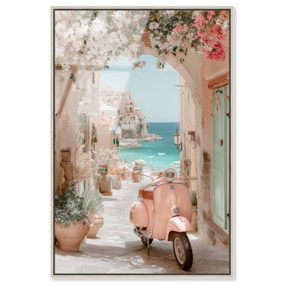 «Bright Pastel Scooter in the Town», reproduction d'art acrylique encadrée par Art Remedy, cadre argenté, 30 x 45