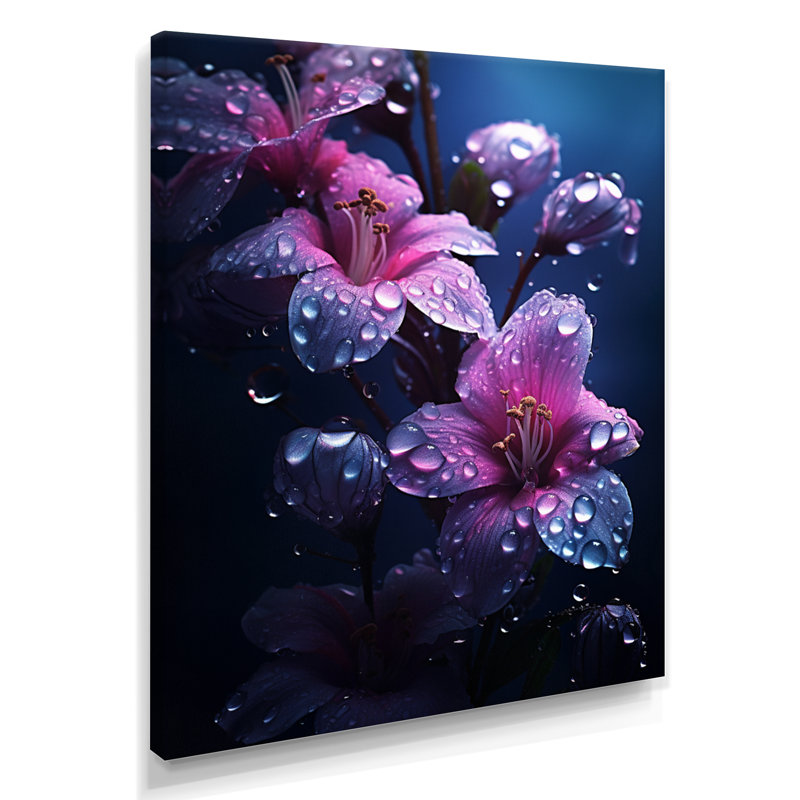 «Magenta Lily Flower Morning Dew Droplets I», art mural lys, Toile tendue, H 20 po x l 12 po