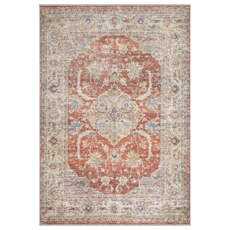 Washable Non-Slip 4x6 Rug - Orange / Olive Beige Traditional Oriental Area Rug, Rectangle 4' x 6'