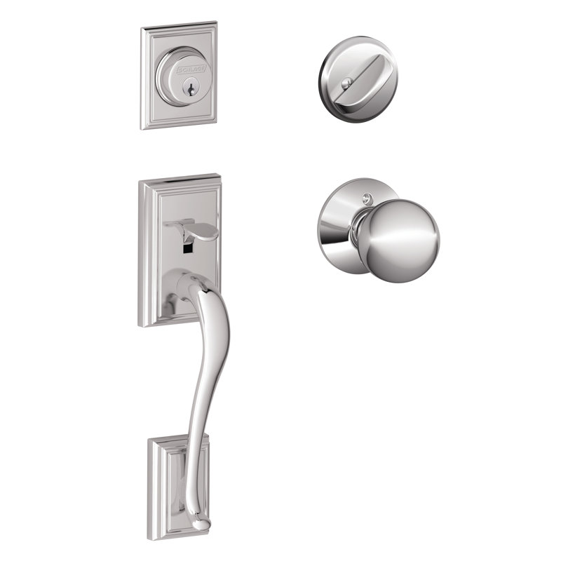 Ensemble de poignées Addison avec pêne dormant cylindrique simple et bouton de porte Orbit et rosette, Chrome brillant