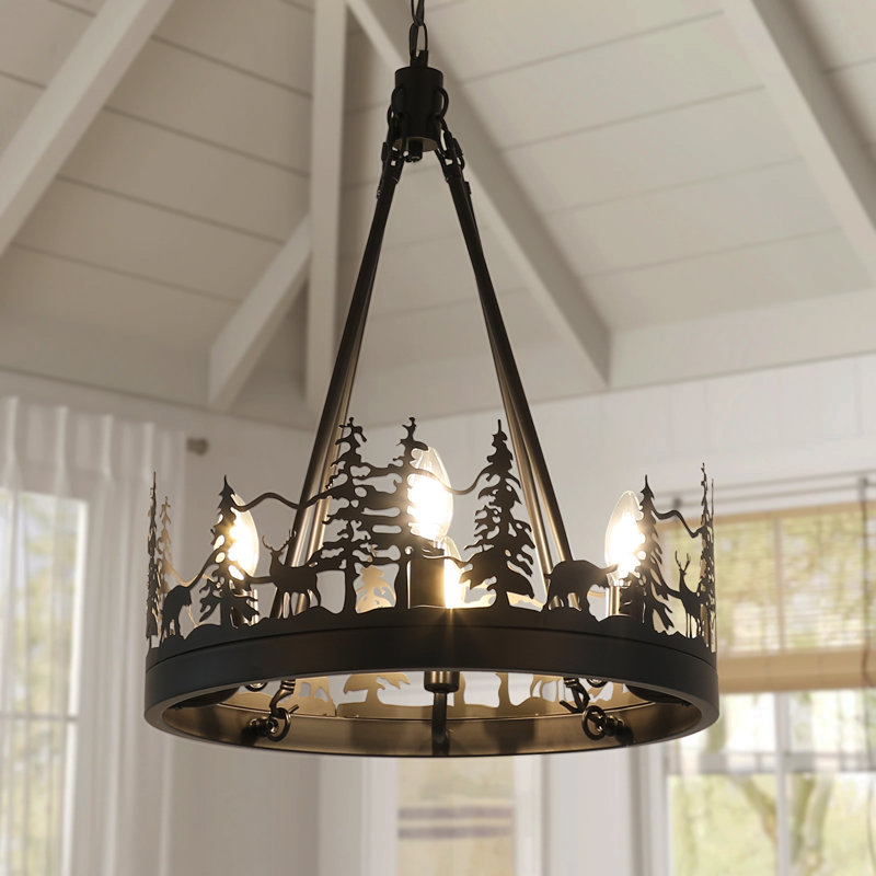 Lustre rustique à roulettes de style ambiant, H 46,1 po x l 17,7 po x P 17,7 po, Noir mat, 4 lumières