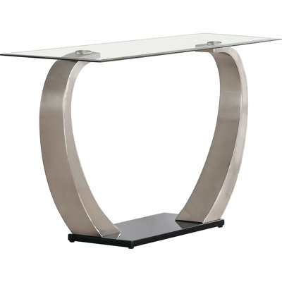 Modern Satin Silver Glass And Metal Console Table With Smooth Matte Texture, Pedestal Base, 48 Inches Wide For Living Area Top Leg Contemporary Style,