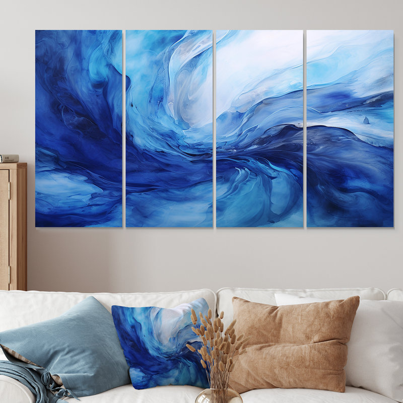 Ensemble de 4 décorations murales bleues Tachisme Waves II - Tachisme, H 28 po x l 48 po