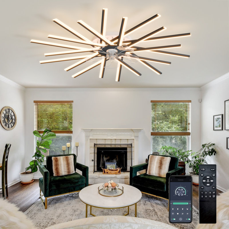 Ventilateur de plafond réversible à intensité variable de 44,9 po avec lumières DEL et télécommande Hanke, Noir, 20