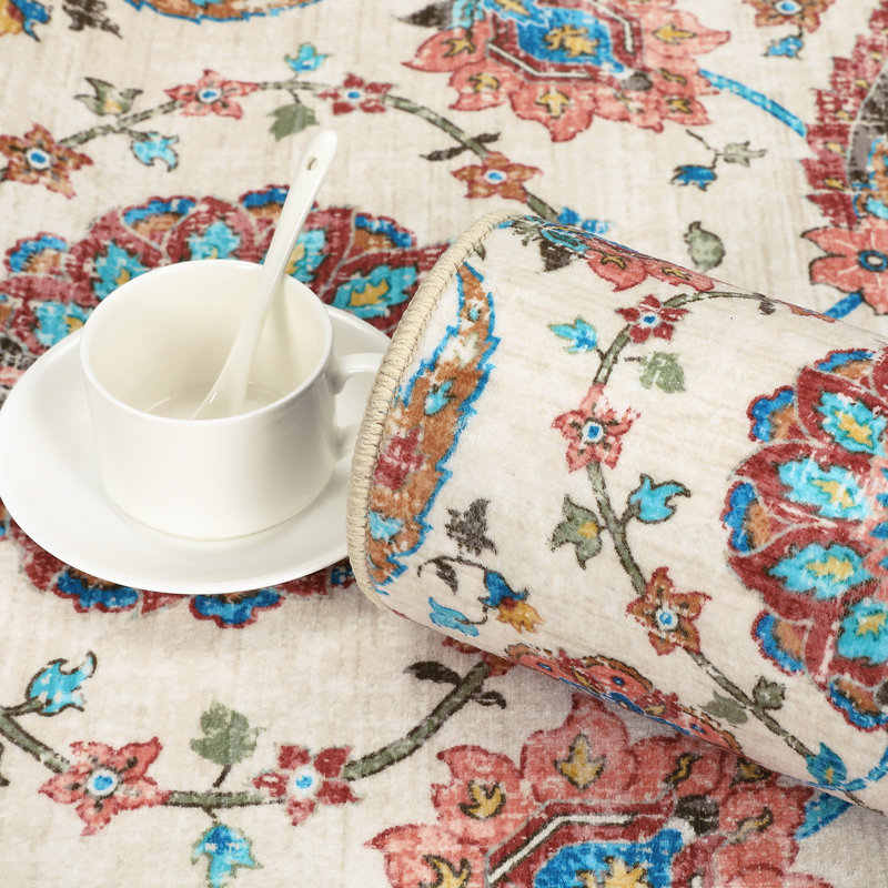 Floral Machine Washable Rug with Rubber Backing for Living Room Vintage Non-Slip Dining Room Rug Easy-Cleaning Floor Carpet for Bedroom