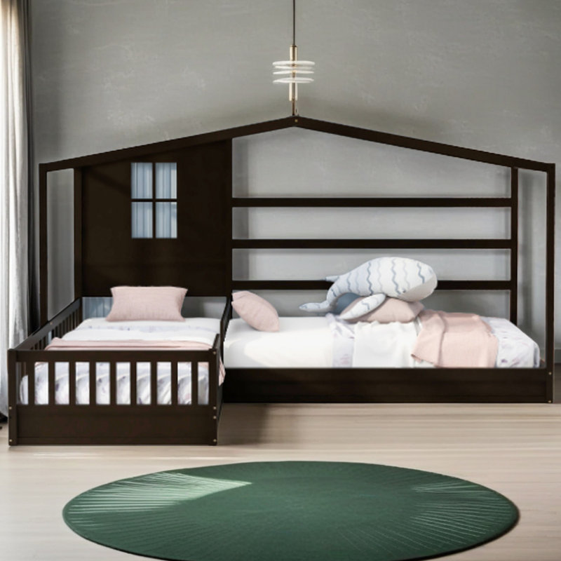 Lit simple en bois pour enfants, structure en L pour lit simple en bois massif avec clôture et structure à lattes, Espresso