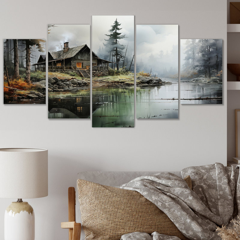  «Lakehouse Shades Of Serenity III - Impression sur toile de paysages - 5 panneaux