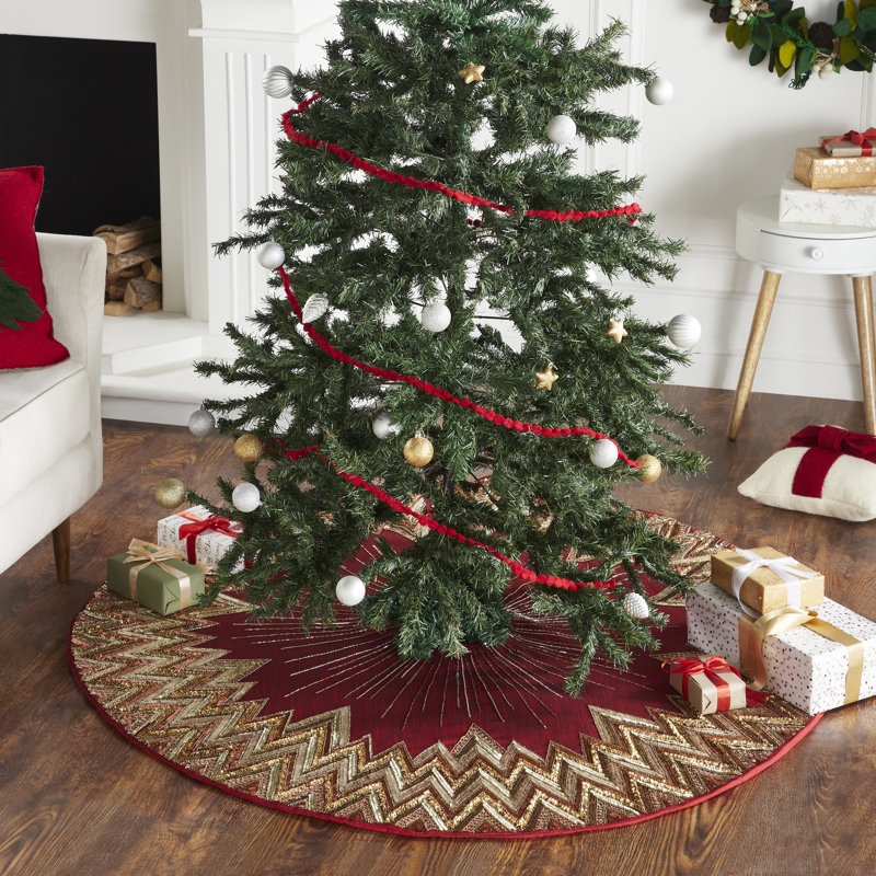 Handmade Garnet Red and Gold Beaded Christmas Tree Skirt