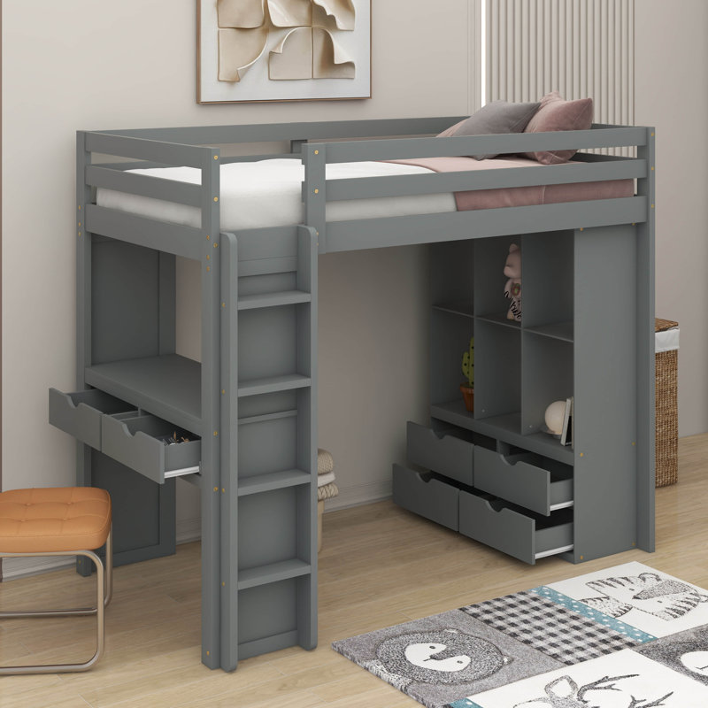 Lit mezzanine double avec grandes tablettes, bureau et lumière DEL, gris
