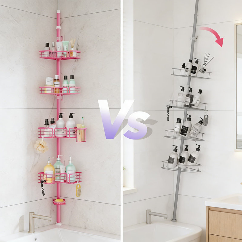 Serviteur de douche à poteau à tension réglable - Organisateur de douche en coin à 4 niveaux avec porte-savon, porte-brosse à dents et crochets, tablette de rangement en acier inoxydable avec installation sans outil