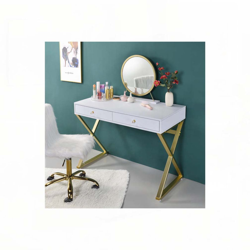 Bureau de coiffeuse rectangulaire avec miroir et plateau à bijoux, blanc et doré