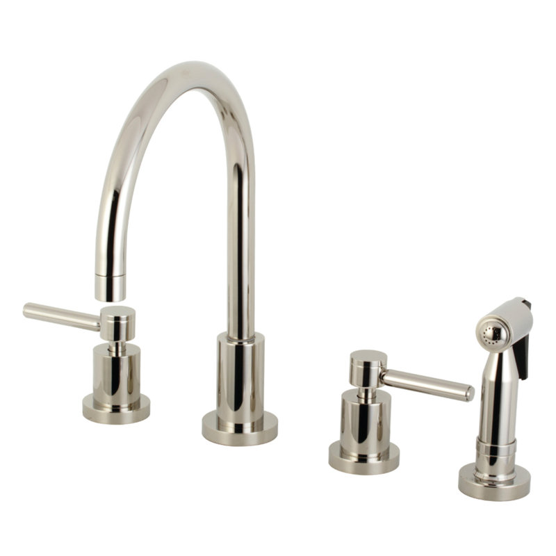 Kingston Brass Concord Double-Handle 4-Hole Widespread Kitchen Faucet with Brass Sprayer, Polished Nickel