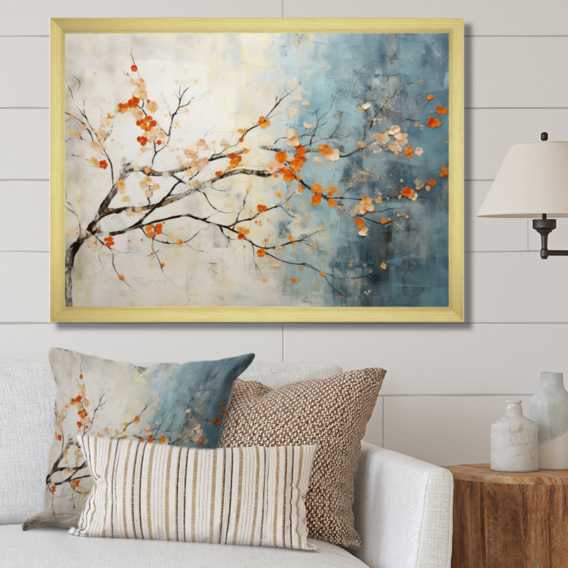 Orange, bleu sarcelle, érable, incandescent V - art mural érable, H 24 po x l 32 po x P 1 po, Cadre doré simple