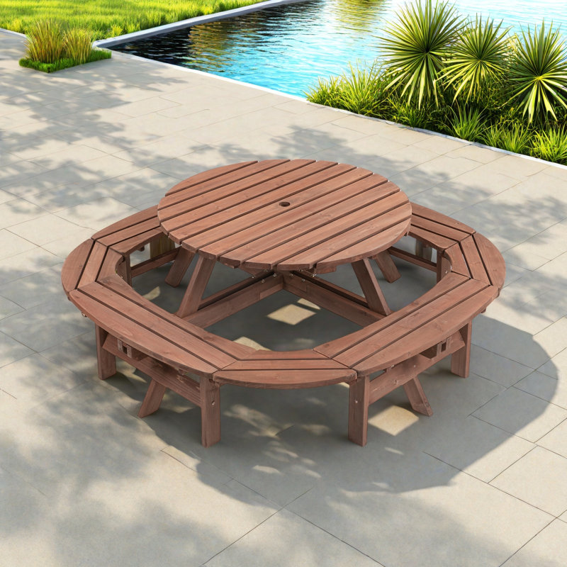 10-12-person Round Outdoor Wooden Picnic Table With 1 Built-in Ring Stool, An Umbrella Hole And Natural Wood Grain