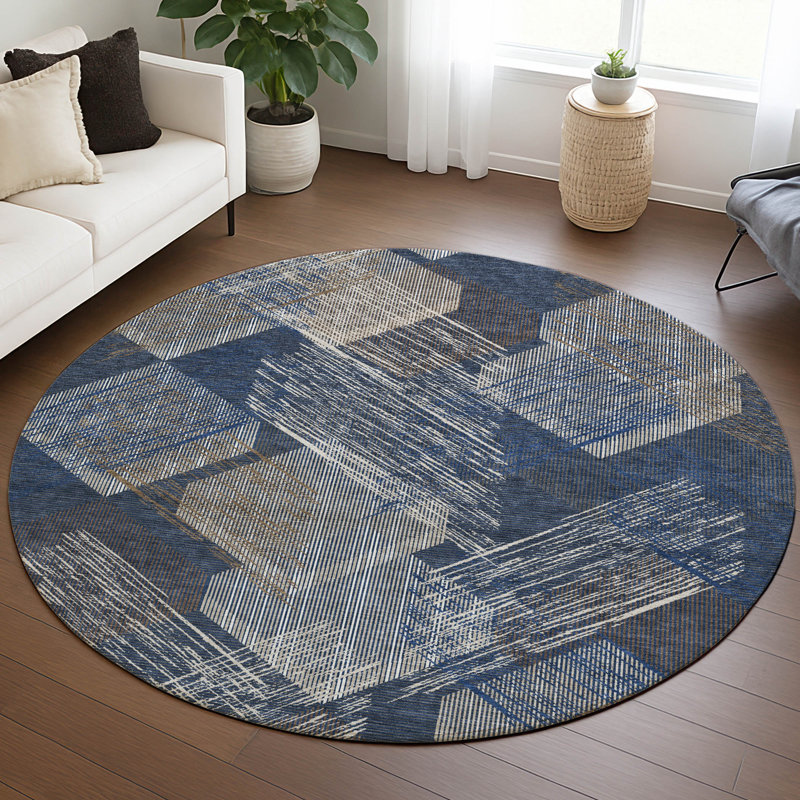 Machine Washable Indoor/Outdoor Chantille ACN2637 Geometric Rug, Navy, 8' Round