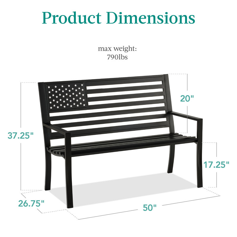 Banc de jardin intérieur en acier Onique avec dossier drapeau américain, capacité de 790 lb