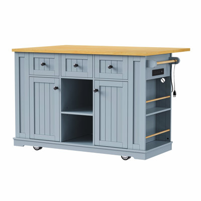 53inch Large Kitchen Island with Drop Leaf,Power Outlet,Door Internal Storage Rack,Rolling Kitchen Cart on 5 Wheels with 5 Open Side Racks for Kitchen,Grey Blue(Two Packages)(Stools not included)