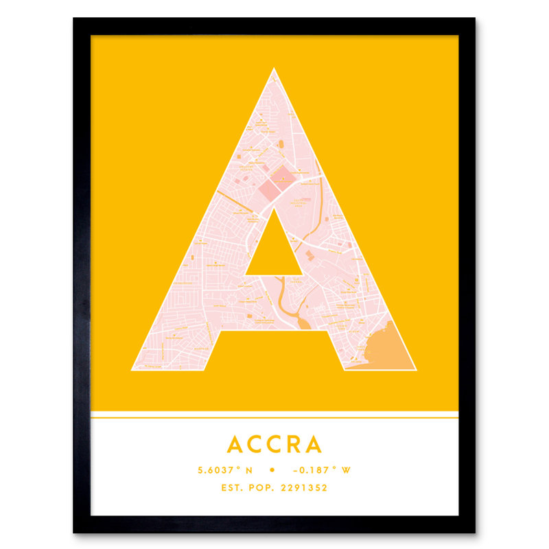 Accra City Map Accra Yellow - Single Picture Frame Typography