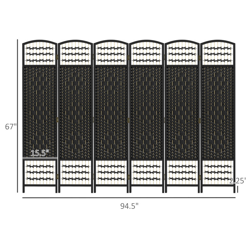Paravent à 6 panneaux, cloison pliante de 5,6 pi, cloison en fibre noire, pour bureau à domicile, salon, chambre à coucher, charnières en métal reliant les charnières
