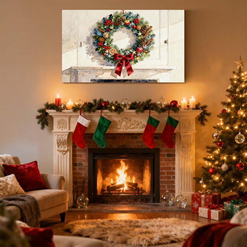 Guirlande de Noël sur cheminée, ensemble de 3 impressions d'art sur toile, H 12 po x l 18 po