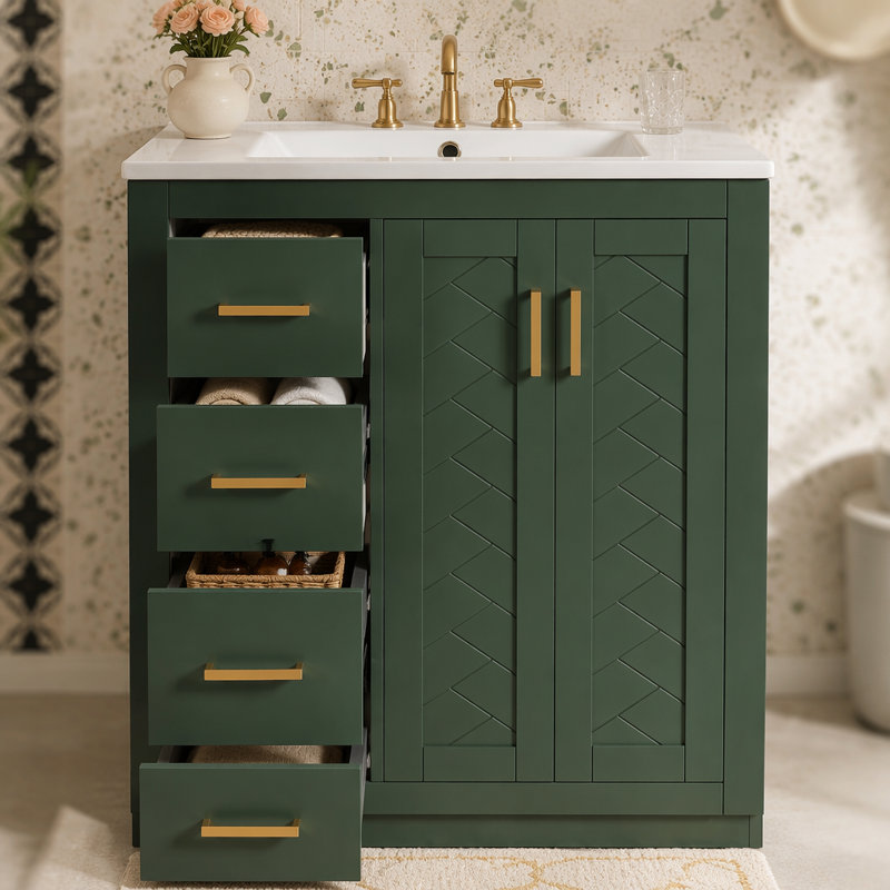 Ensemble de meuble-lavabo 30 po avec lavabo en céramique, armoire de rangement en bois massif, ensemble de meuble-lavabo autoportant avec 3 tiroirs et portes à fermeture douce