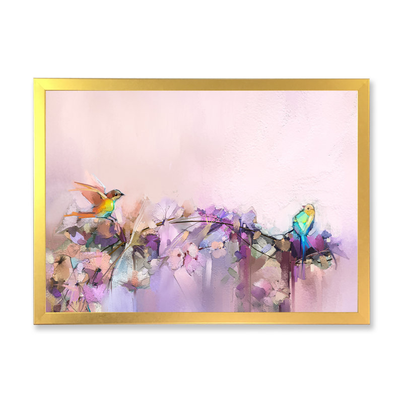 Pinceau, oiseaux mauves et beiges - reproduction encadrée sur toile, H 8 po x l 12 po x P 1 po, Cadre doré