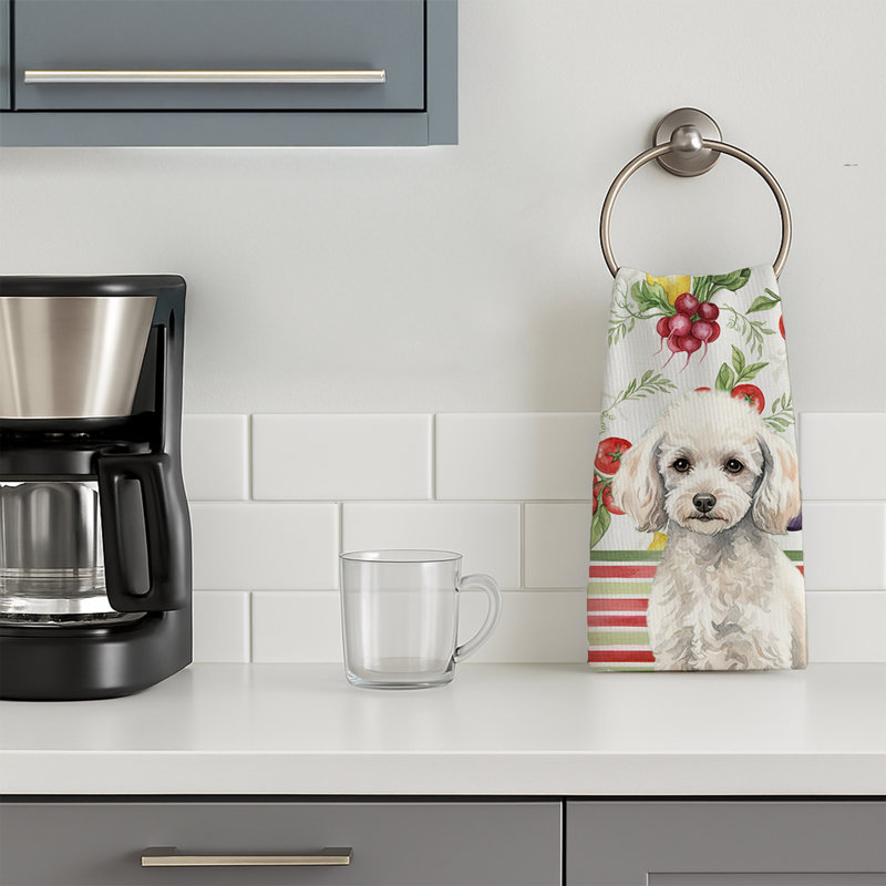 Miniature White Poodle Vegetables Kitchen Towel, Miniature White Poodle
