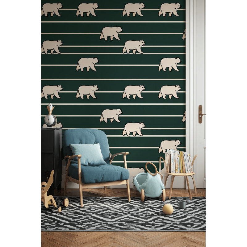Murale moderne rayée vert foncé Modern Bears, Peler et coller