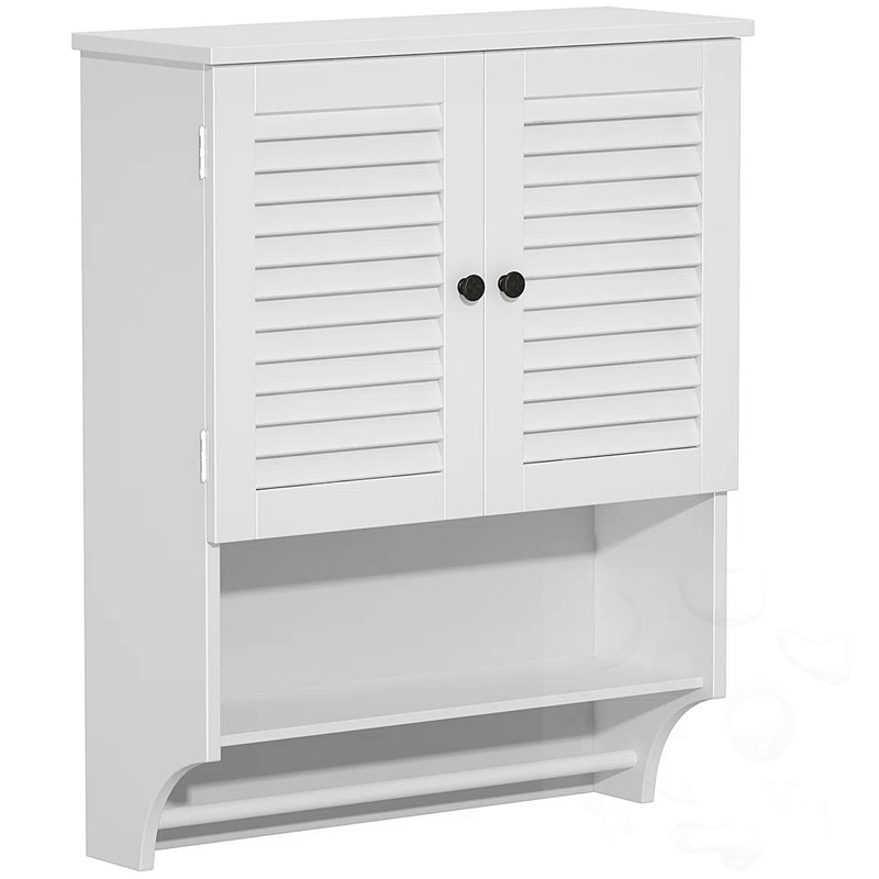 Armoire de salle de bain murale avec portes à persiennes, tablettes réglables et barre à serviettes, Blanc