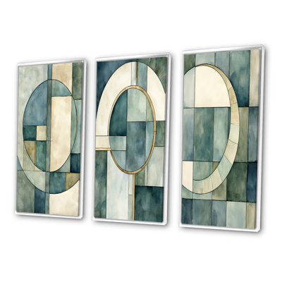 Midcentury Geometric Moon Dreams Retro Blue - Abstract Painting Art Set Of 3 Pieces