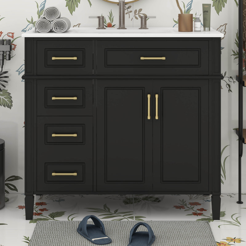 Ensemble de meuble-lavabo 36 po avec lavabo en céramique, ensemble de meuble-lavabo autoportant avec tiroir rabattable, 3 tiroirs et tablette réglable