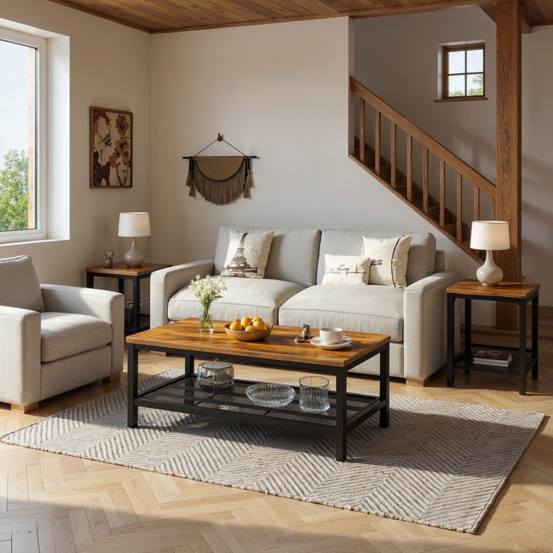 Modern Farmhouse Coffee Table Set Of 3, Rectangular Coffee Table With 2 Square End Side Tables, 2-Tier Living Room Table Set With Metal Frame & Open Shelf For Office, Apartment, Home