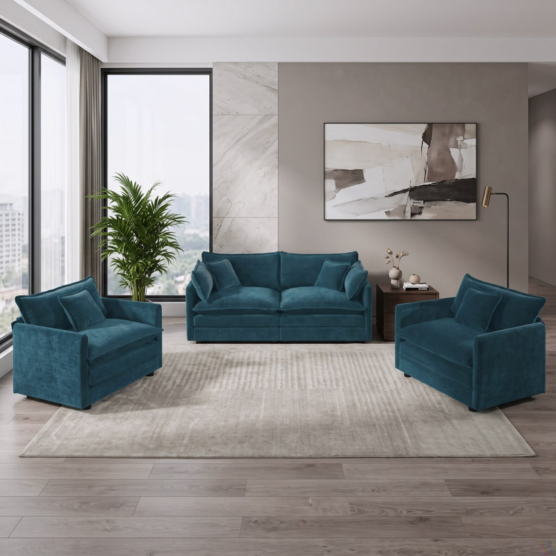 Ensemble de salon 3 pièces avec causeuse et 2 chaises d'appoint, revêtement texturé bleu foncé