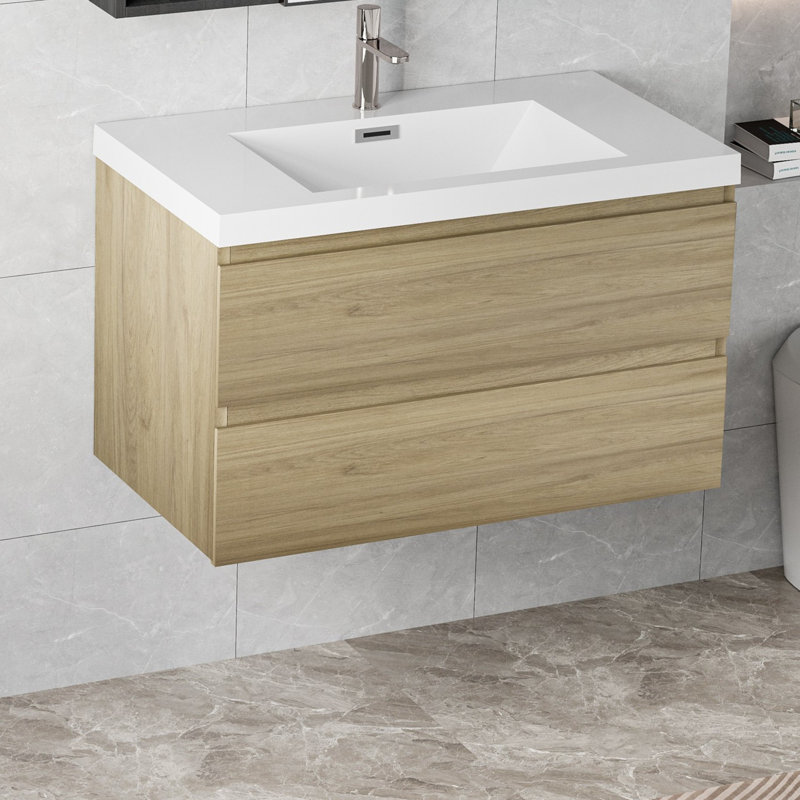 Meuble-lavabo mural simple 35,5 po Carol-Ann, Chêne naturel, Blanc