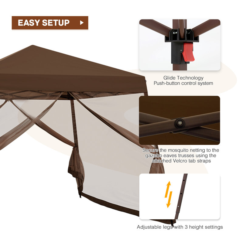 10x10 Brown Steel Pop-Up Patio Gazebo with Netting
