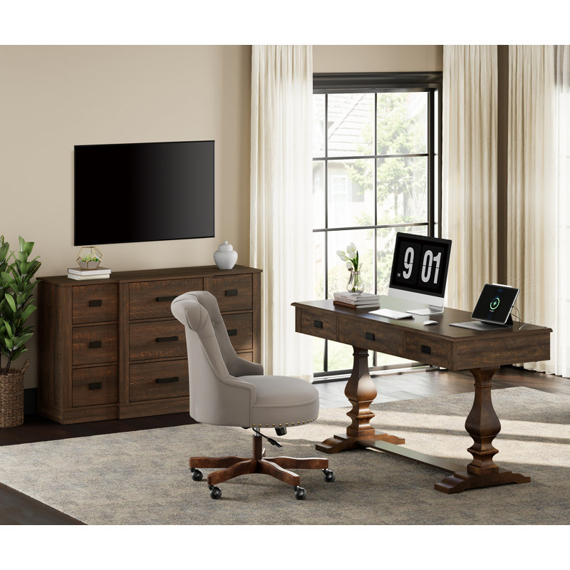 Farmhouse Office Desk & 9-Drawer Storage System - Complete Workspace Solution With Integrated Power Station, Brown/Dark Brown