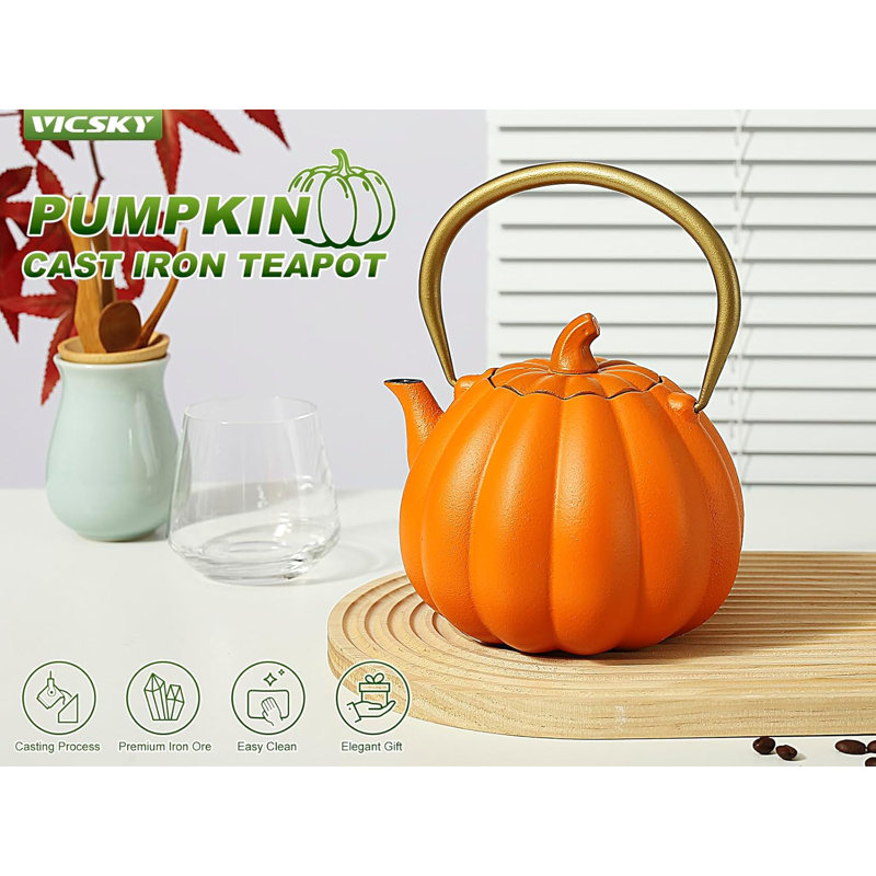 40oz Orange Pumpkin Cast Iron Teapot with Gold Handle