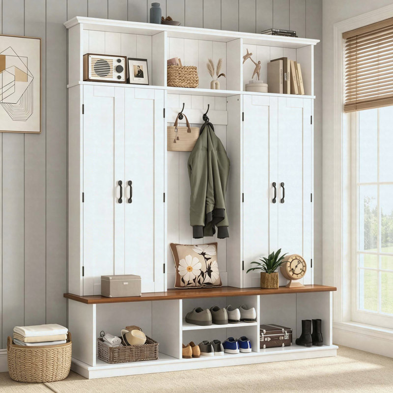 Hall Tree MDF Entryway Storage Bench with Top Cubbies, Hooks & Cabinets, Farmhouse Coat Rack with Shoe Storage