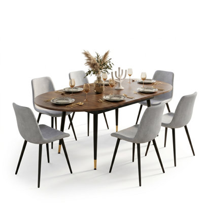 Modern Mid-Century 7-Piece Dining Set, 79" Oval Extendable With Upholstered Dining Chairs 