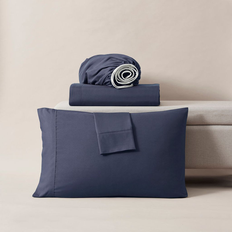 Hotel Collection Soft Breathable Bed Sheet Set with Deep Pocket Fitted Sheet, Navy Blue, RV Short Queen
