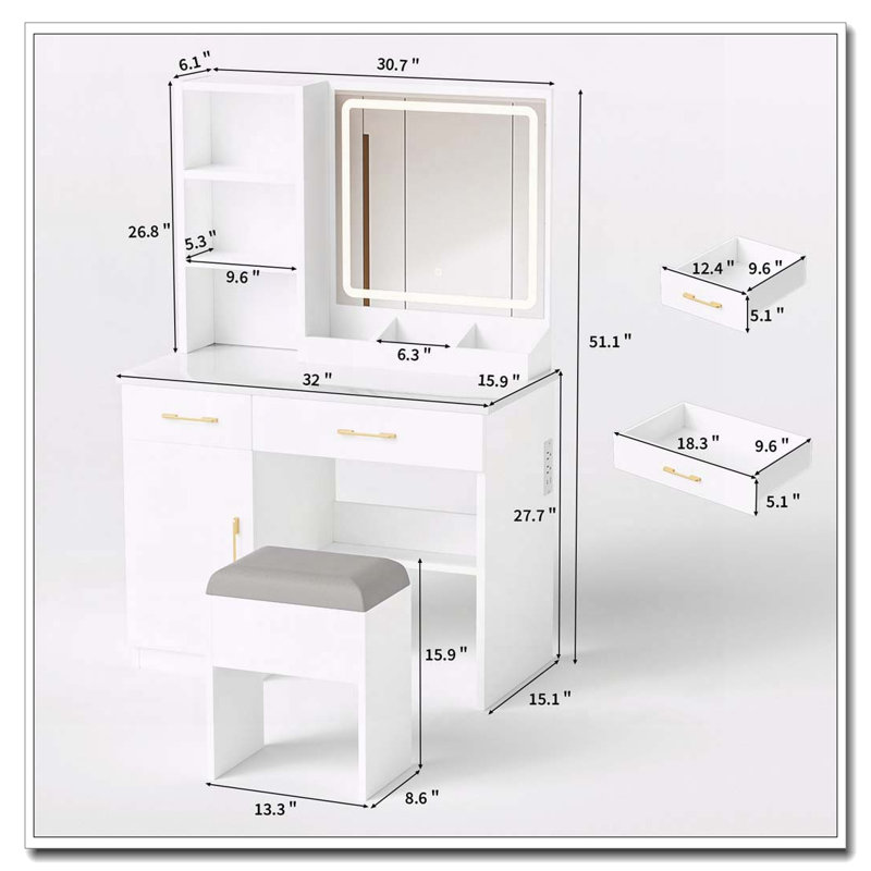 Bureau de maquillage avec lumières DEL, prise de courant, 3 modes d'éclairage et tabouret de rangement