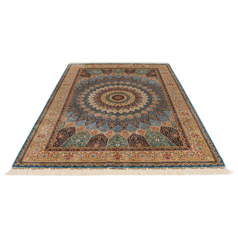 Tapis turc 6x9 bleu clair et ivoire