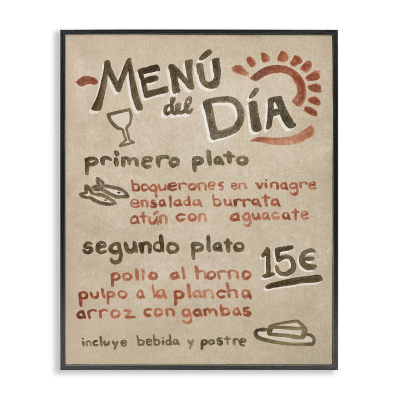  Spanish Restaurant Menu Grey Framed Giclee Art by June Erica Vess, H 20 po x l 16 po, Giclée encadrée noir minuit