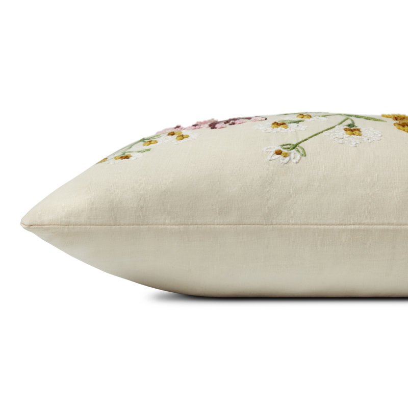 Cream Embroidered Lumbar Pillow with Colorful Botanicals