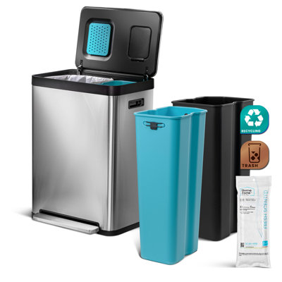 Home Zone Living 19 Gallon Stainless Steel Dual Trash and Recycling Can with CleanAura Odor Control and Soft-Close Lid