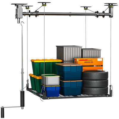 Système de levage robuste pour rangement au plafond de garage - Capacité de 181 kg (400 lb) pour kayaks, vélos et pneus - Compatible avec perceuse électrique et manivelle réglable, support de suspension de 1,2 x 1,2 m (4 x 4 pi)