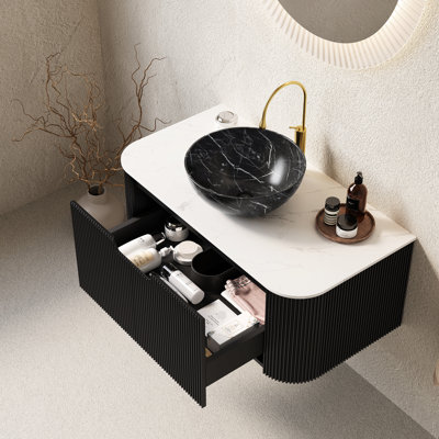 Meuble-lavabo de 36 po avec lavabo, rangement flottant, cuve en céramique noire, motif pierre, pré-assemblé et blanc, finition rayée 3D, fermeture silencieuse du tiroir, comptoir, installation facile et rapide,