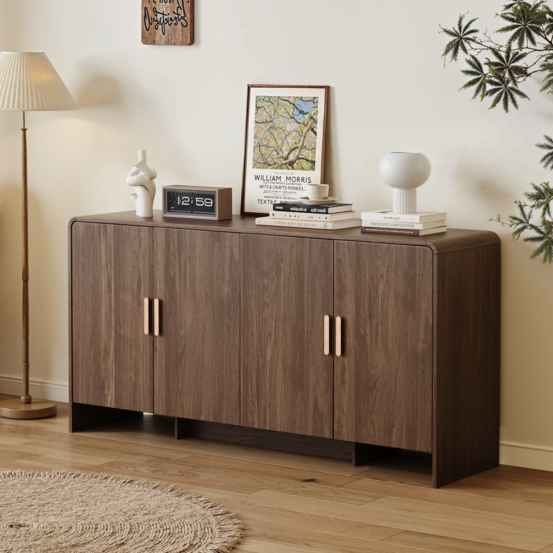 60” Sideboard Curved Cabinet With 4 Doors, Walnut