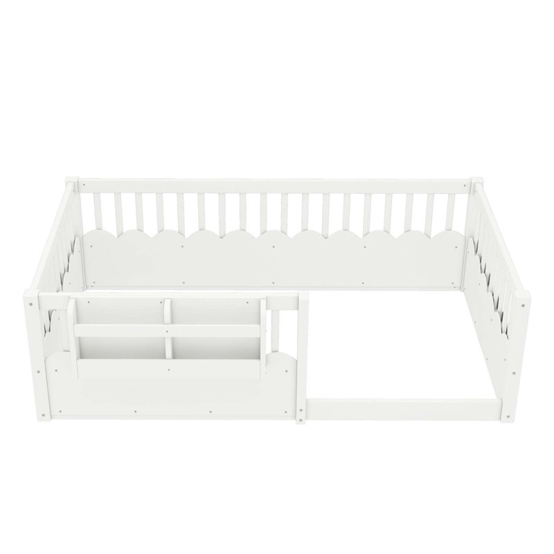 Lit de plancher pour enfants avec clôture de sécurité et bibliothèque intégrée, Blanc
